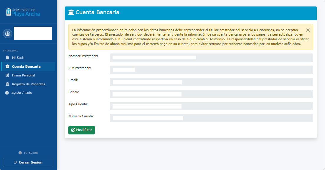 Pantalla Cuenta Bancaria